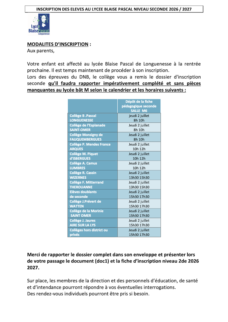 INSCRIPTION 2de LYCEE B.PASCAL RENTREE 2026
